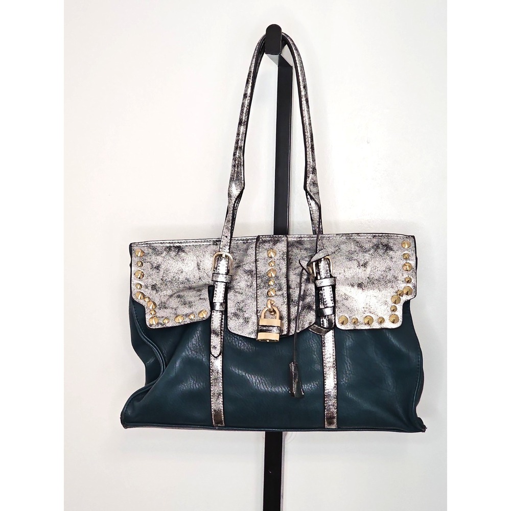 Teal Leather Studded Tote Shoulder Bag Snakeskin Trim Gold Padlock Large Purse